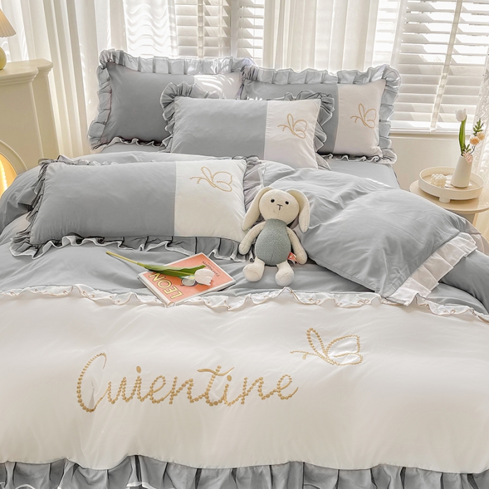 91家纺网 家纺一手货源 找家纺 慕语家纺 2023新款蝶之恋刺绣磨毛花边四件套-风格二 蝶之恋-银灰