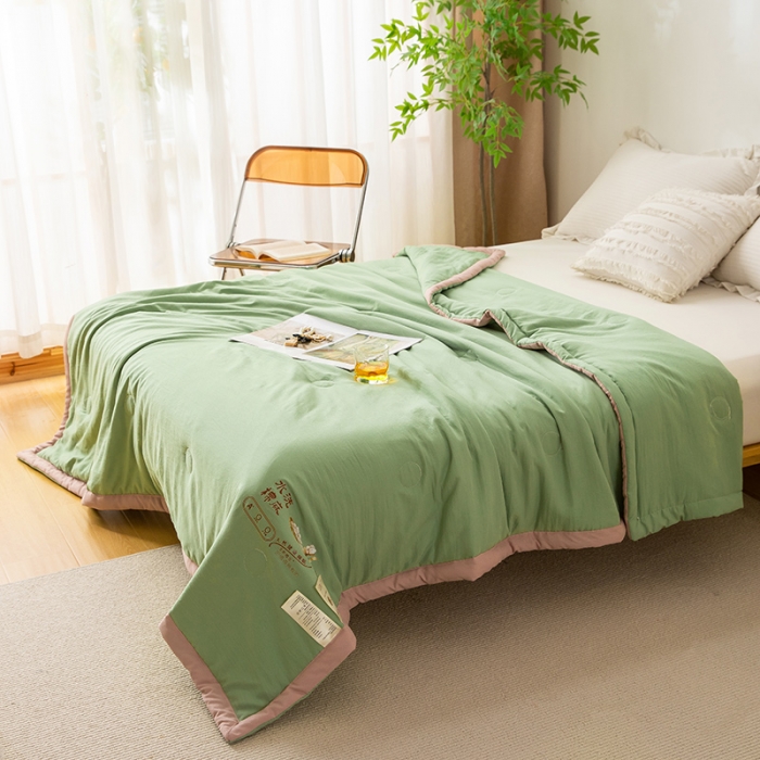 91家纺网 家纺一手货源 找家纺 钰博 2023新款水洗棉棉麻大豆夏被 豆绿色