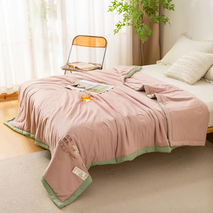 91家纺网 家纺一手货源 找家纺 钰博 2023新款水洗棉棉麻大豆夏被 豆沙粉