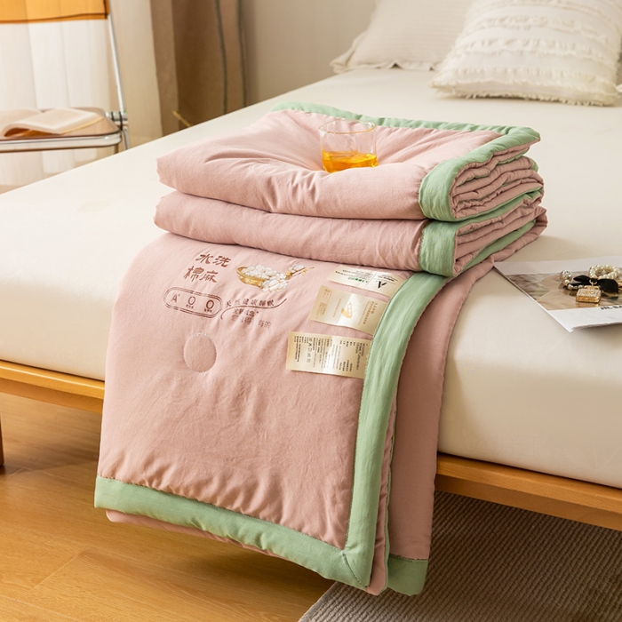 91家纺网 家纺一手货源 找家纺 钰博 2023新款水洗棉棉麻大豆夏被 豆沙粉