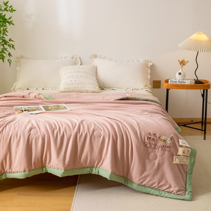 91家纺网 家纺一手货源 找家纺 钰博 2023新款水洗棉棉麻大豆夏被 豆沙粉