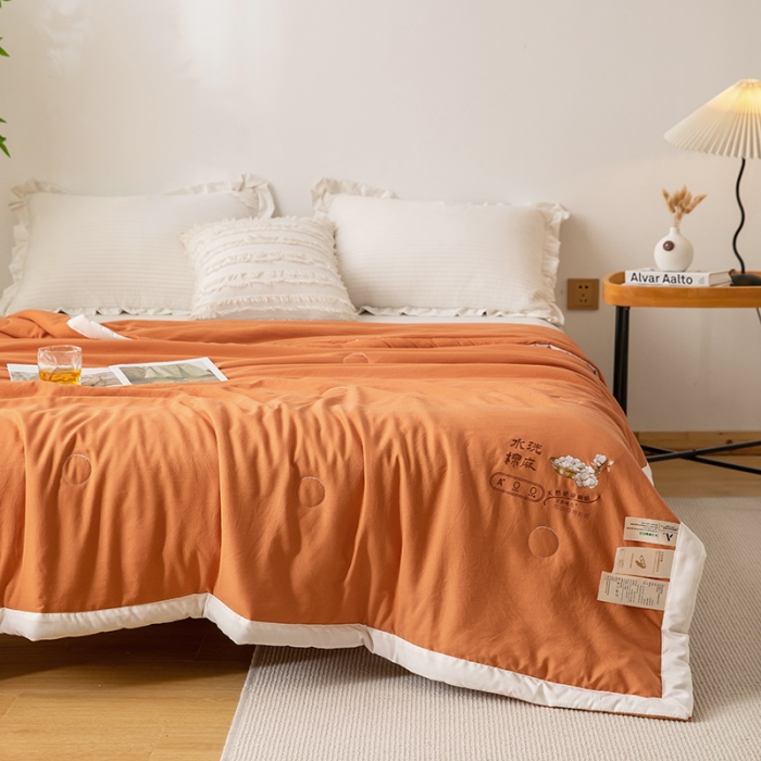 91家纺网 家纺一手货源 找家纺 钰博 2023新款水洗棉棉麻大豆夏被 暖橙色