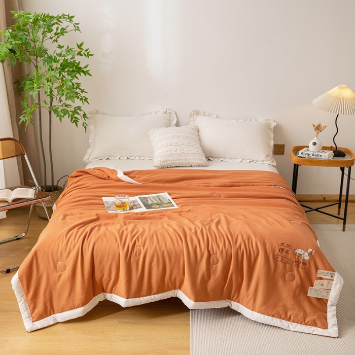 91家纺网 家纺一手货源 找家纺 钰博 2023新款水洗棉棉麻大豆夏被 暖橙色