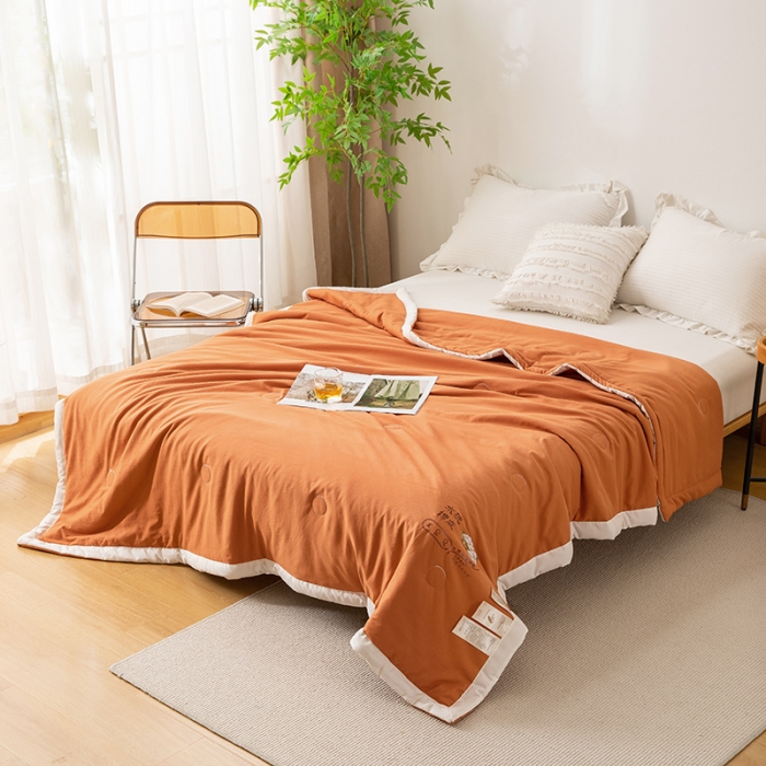 91家纺网 家纺一手货源 找家纺 钰博 2023新款水洗棉棉麻大豆夏被 暖橙色