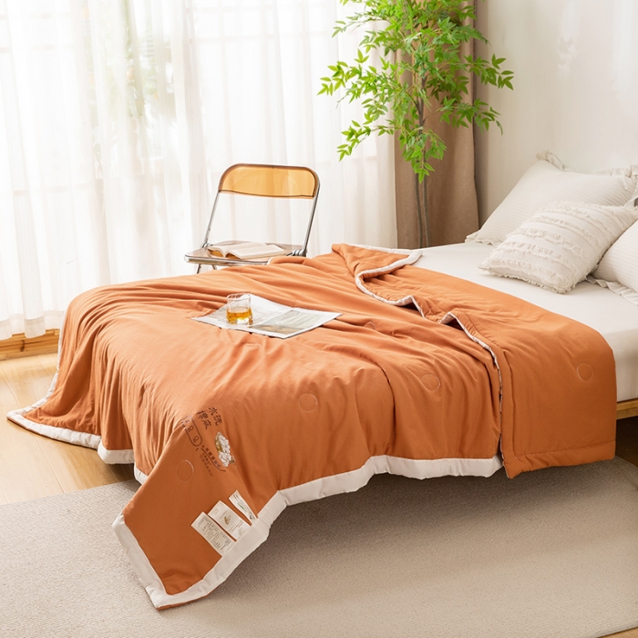 91家纺网 家纺一手货源 找家纺 钰博 2023新款水洗棉棉麻大豆夏被 暖橙色