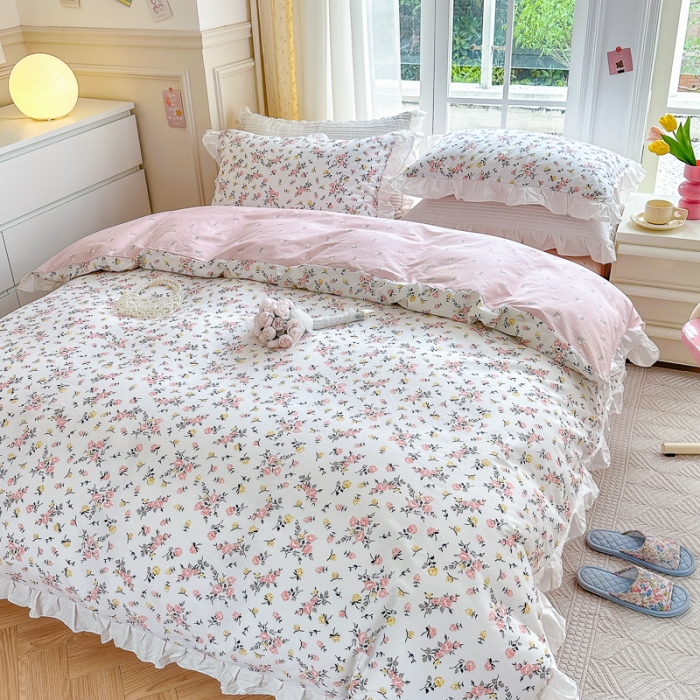 91家纺网 家纺一手货源 找家纺 清雅福 2024新款全棉13372韩版花边款系列四件套 好事花生