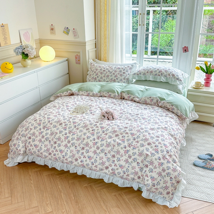 91家纺网 家纺一手货源 找家纺 清雅福 2024新款全棉13372韩版花边款系列四件套 花仙子