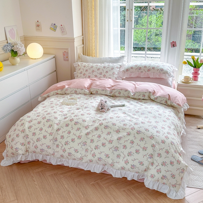 91家纺网 家纺一手货源 找家纺 清雅福 2024新款全棉13372韩版花边款系列四件套 柔香