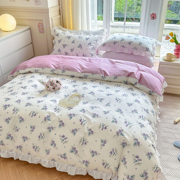 91家纺网 家纺一手货源 找家纺 清雅福 2024新款全棉13372韩版花边款系列四件套 薰衣草