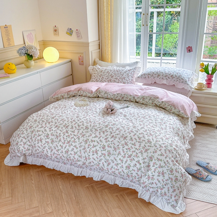 91家纺网 家纺一手货源 找家纺 清雅福 2024新款全棉13372韩版花边款系列单被套 点点