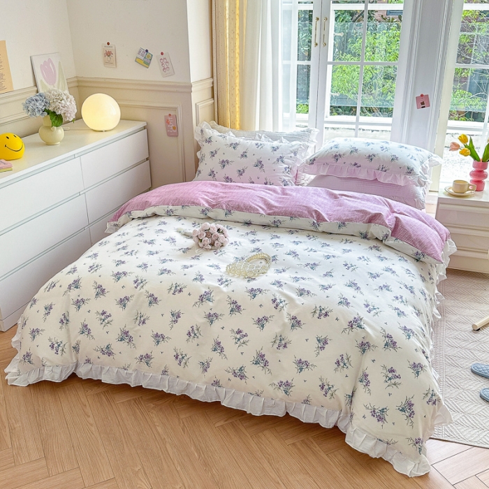 91家纺网 家纺一手货源 找家纺 清雅福 2024新款全棉13372韩版花边款系列单被套 薰衣草