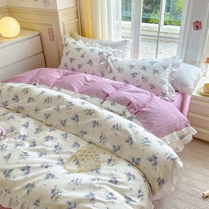 91家纺网 家纺一手货源 找家纺 清雅福 2024新款全棉13372韩版花边款系列单被套 薰衣草