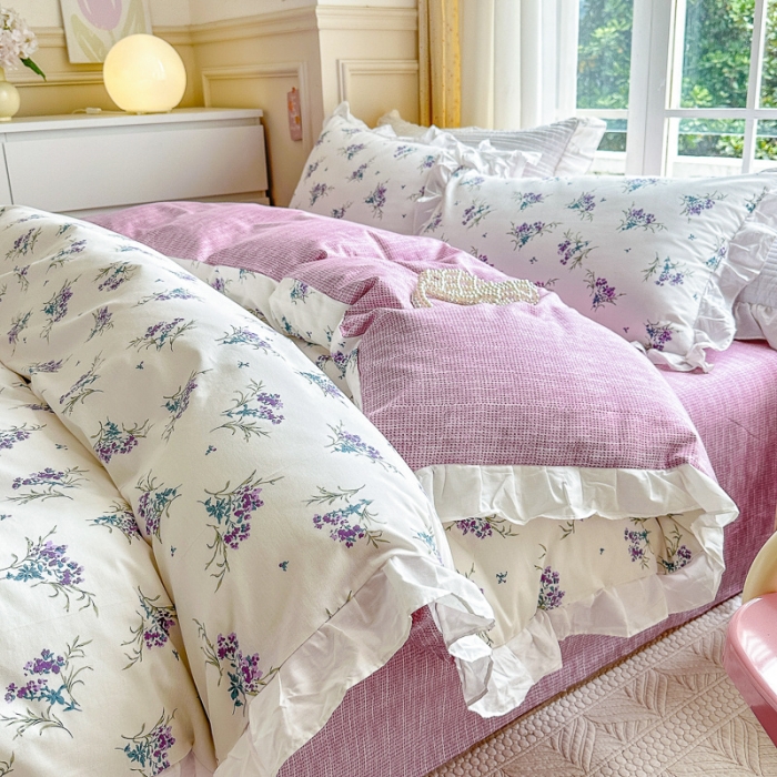 91家纺网 家纺一手货源 找家纺 清雅福 2024新款全棉13372韩版花边款系列单被套 薰衣草