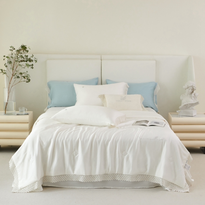 91家纺网 家纺一手货源 找家纺 榻尚家居 2023新款60支法式蕾丝天丝夏被四件套 法式 白