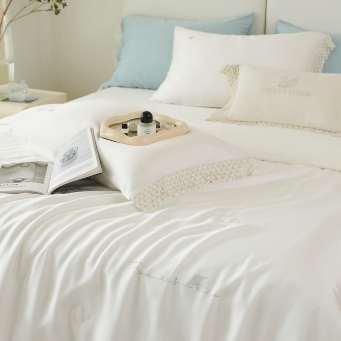 91家纺网 家纺一手货源 找家纺 榻尚家居 2023新款60支法式蕾丝天丝夏被四件套 法式 白