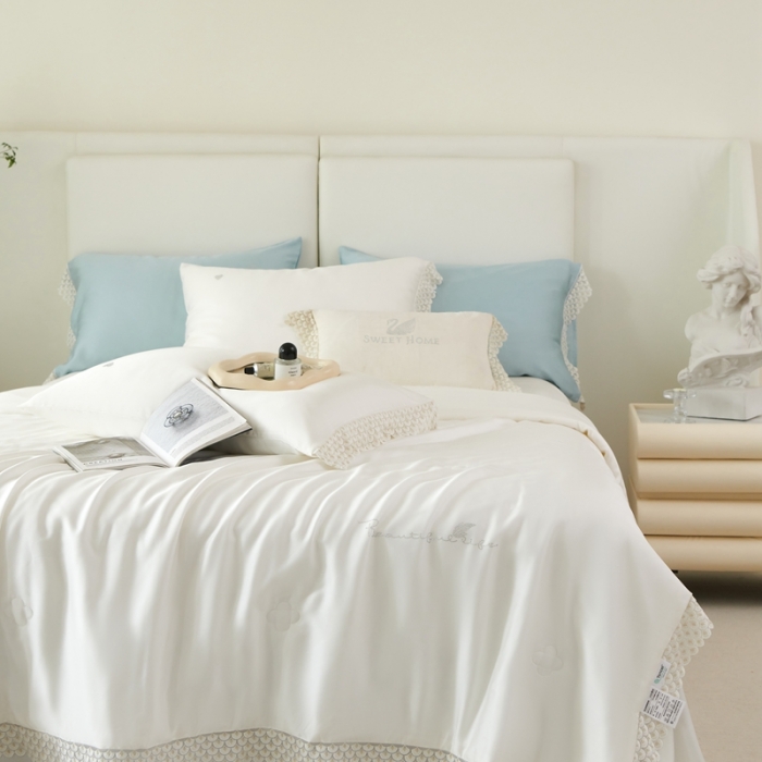 91家纺网 家纺一手货源 找家纺 榻尚家居 2023新款60支法式蕾丝天丝夏被四件套 法式 白