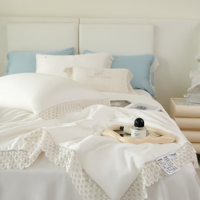 91家纺网 家纺一手货源 找家纺 榻尚家居 2023新款60支法式蕾丝天丝夏被四件套 法式 白