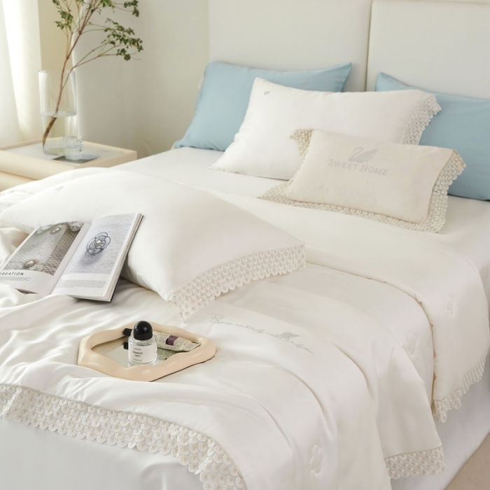 91家纺网 家纺一手货源 找家纺 榻尚家居 2023新款60支法式蕾丝天丝夏被四件套 法式 白