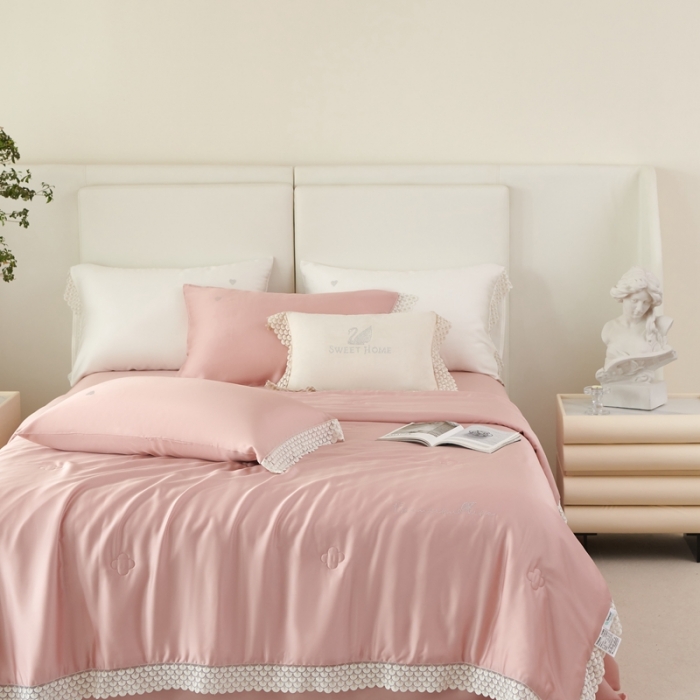 91家纺网 家纺一手货源 找家纺 榻尚家居 2023新款60支法式蕾丝天丝夏被四件套 法式 粉