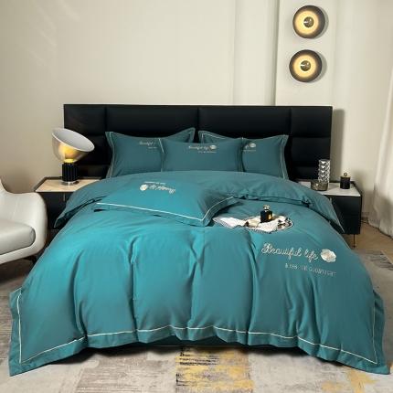 91家纺网 家纺一手货源 找家纺 盛馨2023新款轻奢高支高密长绒棉全棉床单床笠刺绣四件套 BF-墨绿