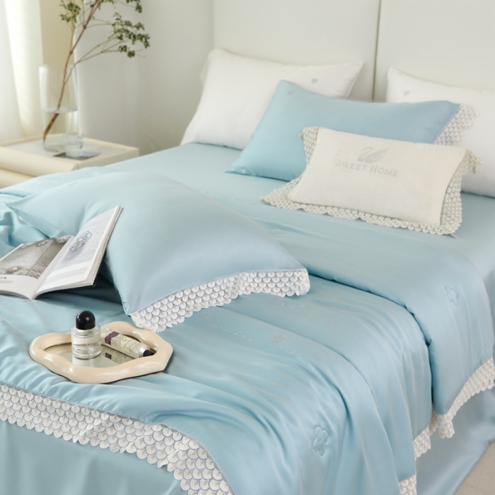 91家纺网 家纺一手货源 找家纺 榻尚家居 2023新款60支法式蕾丝天丝夏被四件套 法式 蓝