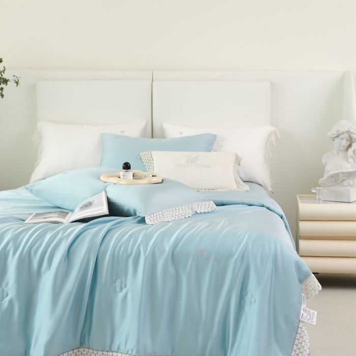 91家纺网 家纺一手货源 找家纺 榻尚家居 2023新款60支法式蕾丝天丝夏被四件套 法式 蓝