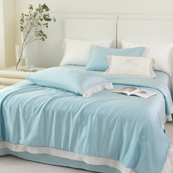 91家纺网 家纺一手货源 找家纺 榻尚家居 2023新款60支法式蕾丝天丝夏被四件套 法式 蓝