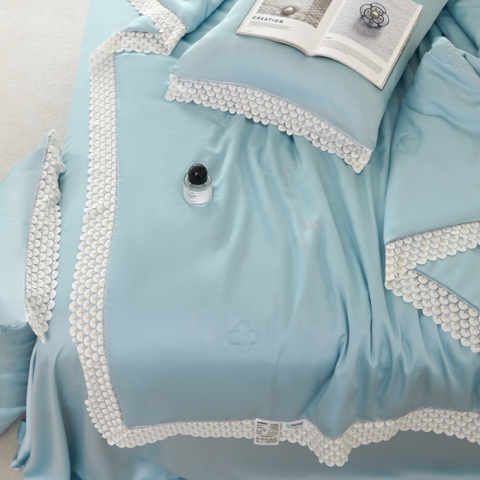 91家纺网 家纺一手货源 找家纺 榻尚家居 2023新款60支法式蕾丝天丝夏被四件套 法式 蓝