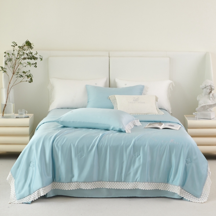 91家纺网 家纺一手货源 找家纺 榻尚家居 2023新款60支法式蕾丝天丝夏被四件套 法式 蓝