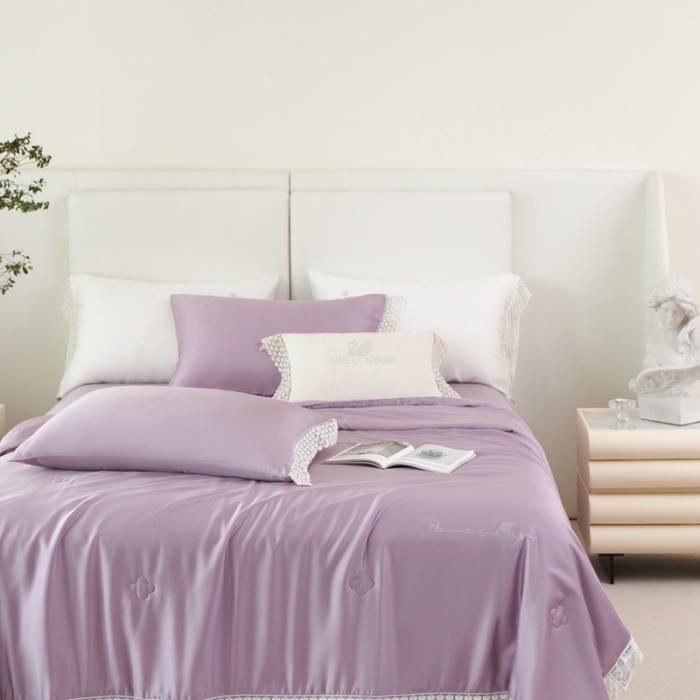 91家纺网 家纺一手货源 找家纺 榻尚家居 2023新款60支法式蕾丝天丝夏被四件套 法式 紫