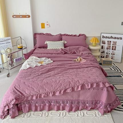 恒业家纺 2023新款全棉纯色蕾丝边床盖款夏被四件套 紫色