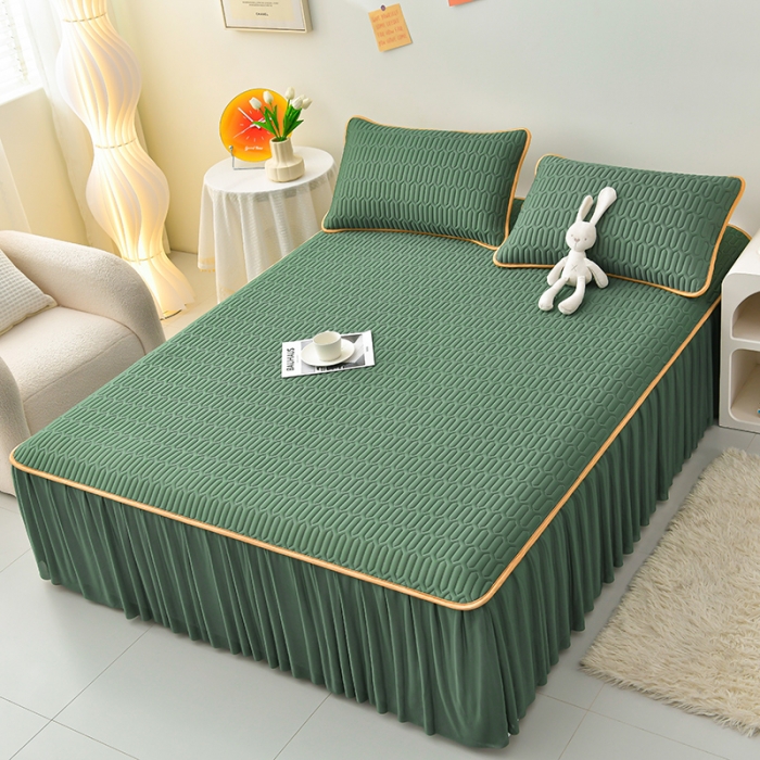 91家纺网 家纺一手货源 找家纺 民新 2023新款0.5加厚乳胶A类凉感丝乳胶床裙凉席 军绿