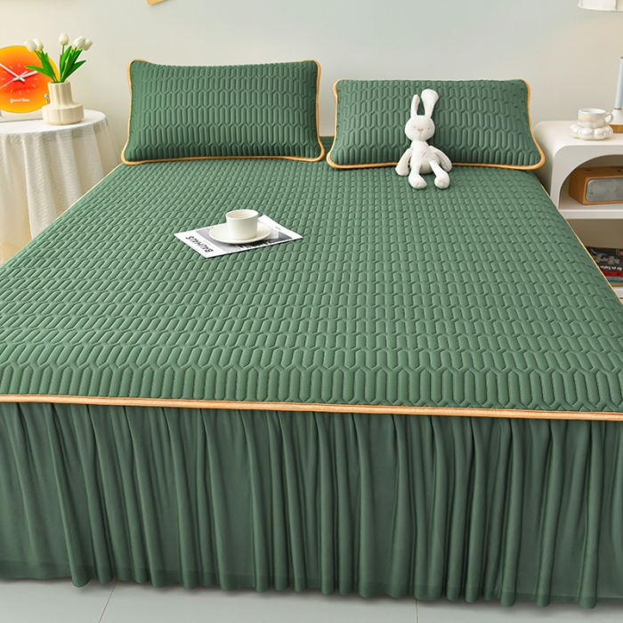 91家纺网 家纺一手货源 找家纺 民新 2023新款0.5加厚乳胶A类凉感丝乳胶床裙凉席 军绿
