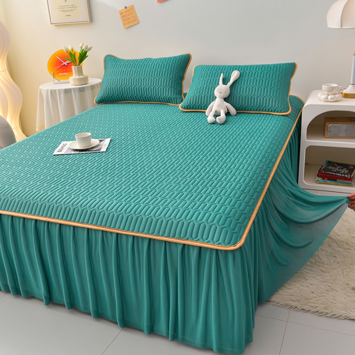 91家纺网 家纺一手货源 找家纺 民新 2024新款0.5加厚乳胶A类凉感丝乳胶床裙凉席 墨绿