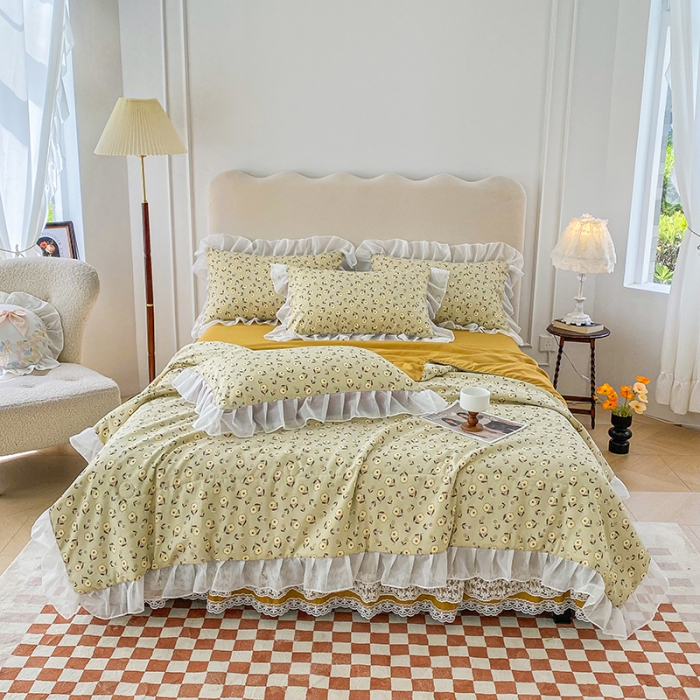 91家纺网 家纺一手货源 找家纺 唐人居 2025新款印花水洗棉麻夏被四件套 彼岸花-黄