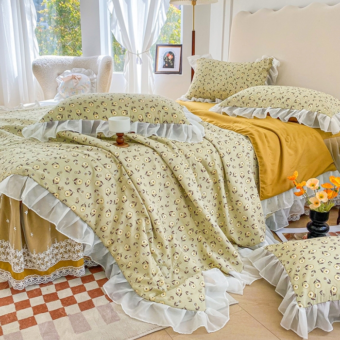 91家纺网 家纺一手货源 找家纺 唐人居 2025新款印花水洗棉麻夏被四件套 彼岸花-黄