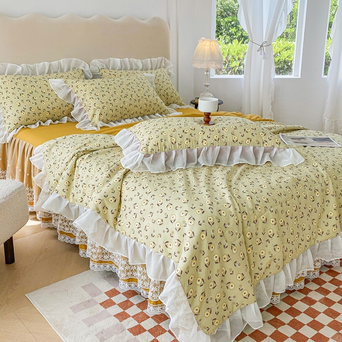 91家纺网 家纺一手货源 找家纺 唐人居 2025新款印花水洗棉麻夏被四件套 彼岸花-黄