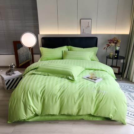 91家纺网 家纺一手货源 找家纺 品乐 2023新款 60支长绒棉提花条纹四件套条纹浅绿