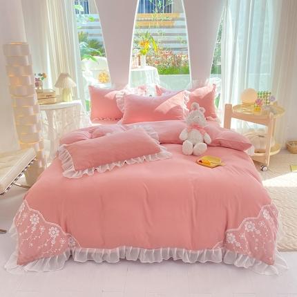 91家纺网 家纺一手货源 找家纺 唐人居 2025新款水洗棉麻花边款花香系列四件套 花香-公主粉