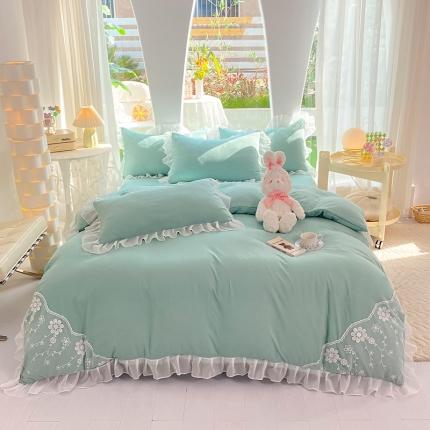 91家纺网 家纺一手货源 找家纺 唐人居 2025新款水洗棉麻花边款花香系列四件套 花香-青绿