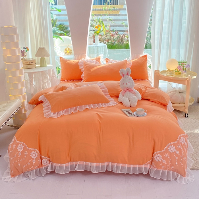 91家纺网 家纺一手货源 找家纺 唐人居 2025新款水洗棉麻花边款花香系列四件套 花香-橙