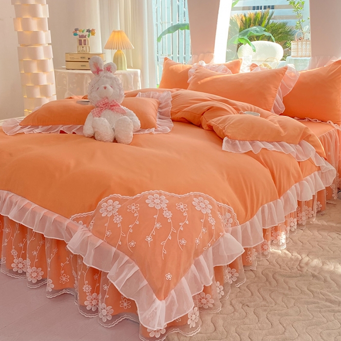 91家纺网 家纺一手货源 找家纺 唐人居 2025新款水洗棉麻花边款花香系列四件套 花香-橙