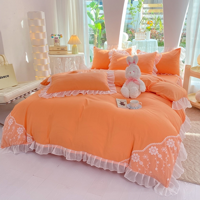 91家纺网 家纺一手货源 找家纺 唐人居 2025新款水洗棉麻花边款花香系列四件套 花香-橙