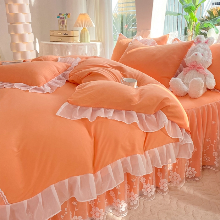 91家纺网 家纺一手货源 找家纺 唐人居 2025新款水洗棉麻花边款花香系列四件套 花香-橙