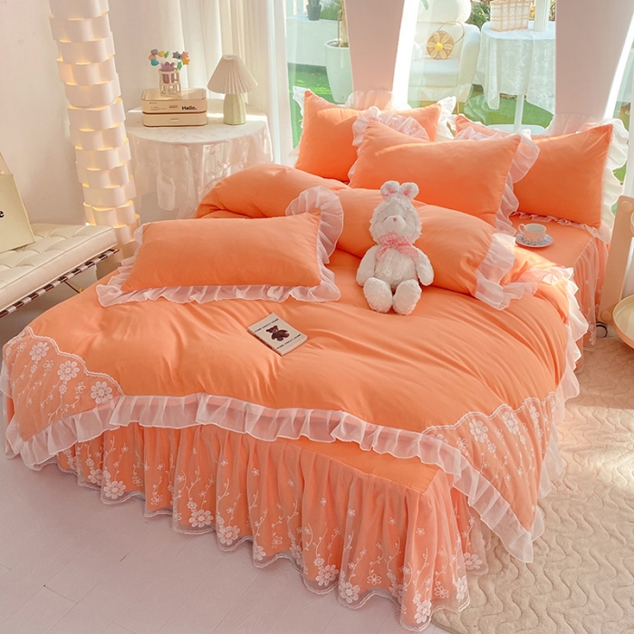 91家纺网 家纺一手货源 找家纺 唐人居 2025新款水洗棉麻花边款花香系列四件套 花香-橙