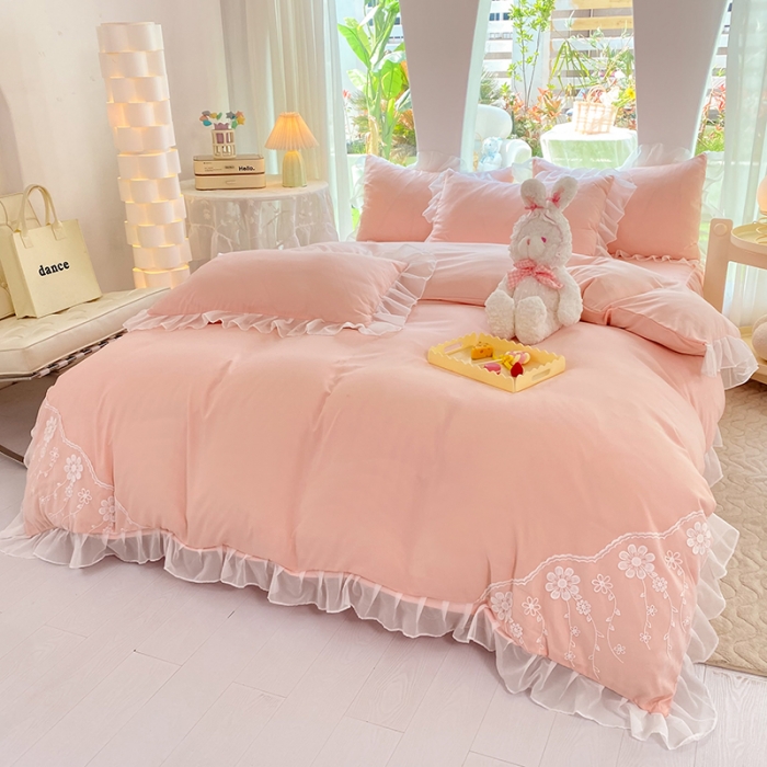 91家纺网 家纺一手货源 找家纺 唐人居 2025新款水洗棉麻花边款花香系列四件套 花香-淡粉