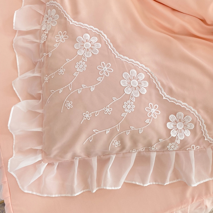 91家纺网 家纺一手货源 找家纺 唐人居 2025新款水洗棉麻花边款花香系列四件套 花香-淡粉