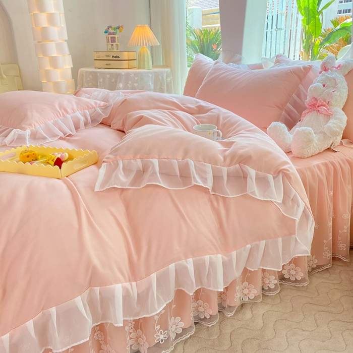 91家纺网 家纺一手货源 找家纺 唐人居 2025新款水洗棉麻花边款花香系列四件套 花香-淡粉