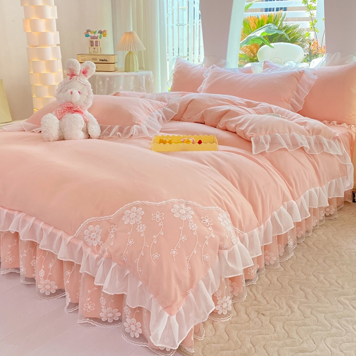 91家纺网 家纺一手货源 找家纺 唐人居 2025新款水洗棉麻花边款花香系列四件套 花香-淡粉