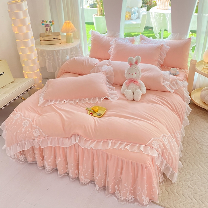 91家纺网 家纺一手货源 找家纺 唐人居 2025新款水洗棉麻花边款花香系列四件套 花香-淡粉